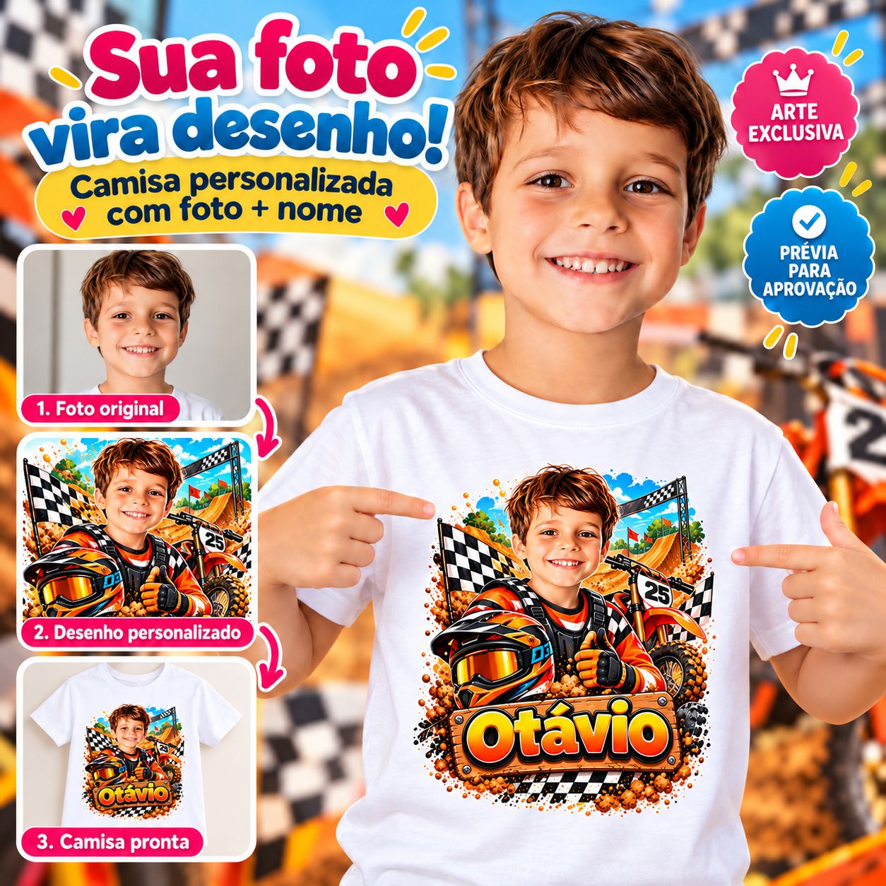 Camisa infantil Personalizada Foto Vira Desenho com Nome Tema Motocross